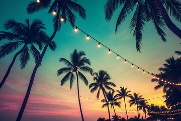 Tropical paradise at sunset with palm trees and string lights