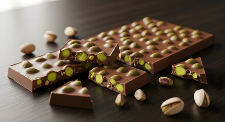 Chocolate bar with pistachios on a wooden table with pieces broken off