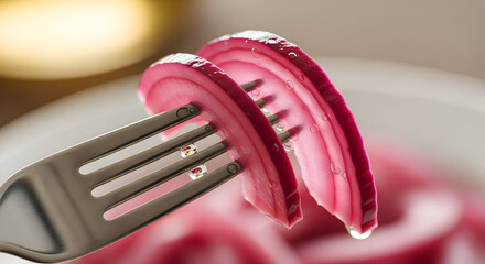 A fork holding sliced red onion rings over a bowl of onions