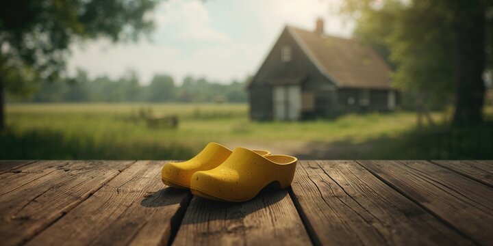Pair of wooden clogs placed on a workshop surface, highlighting artisanal footwear production.