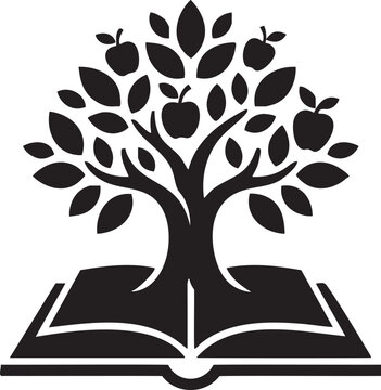 Black silhouette of an open book with a tree bearing apples growing from its pages fruit