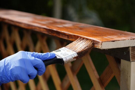 Hand in blue glove applying wood stain with brush on outdoor wooden railing during renovation