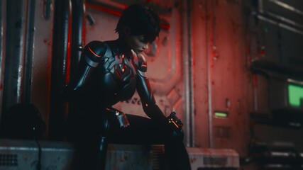 3D rendering: Thoughtful young female soldier in futuristic black armor spins a gun in a sci-fi corridor with red alert light. Cinematic cyberpunk warrior, high-tech interior, mission prep atmosphere.
