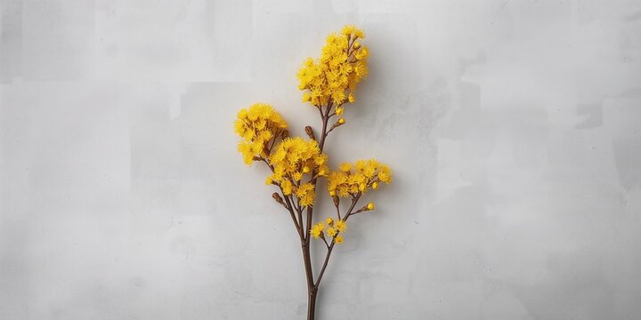 Sprig of mimosa flowers blooming on a gray background, used for Easter and spring celebrations, seasonal floral display