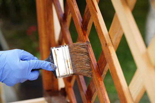 Blue gloved hand staining wooden fence with brush during outdoor maintenance and renovation