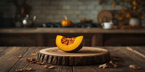 Pumpkin slices placed on a wooden surface, used in natural food styling for autumn recipes