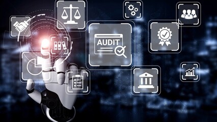 Futuristic robotic hand interacting with digital audit icons against a blurred cityscape background representing advanced technology and finance concepts Gluon.