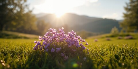 Obraz premium Violet flowers blooming across a lush green meadow, suitable for decorative purposes or editorial headers