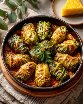 Traditional Romanian Sarmale Cabbage Rolls with Tomato Sauce and Polenta on Linen Cloth