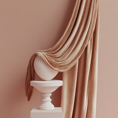 A detailed artistic view of a bride's elegant wedding gown and dress flowing gracefully between a classic column and a decorative vase in a beautiful hotel room with soft curtains