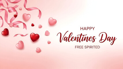 Happy valentines day greeting card design with pink ribbons and floating hearts on soft background
