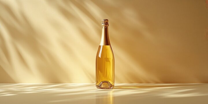 Close-up of a yellow champagne bottle on a neutral beige backdrop featuring shadow caustics, ideal for editorial header design