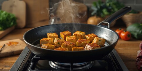 Fried tofu in a spacious skillet, highlighting food processing and heat application