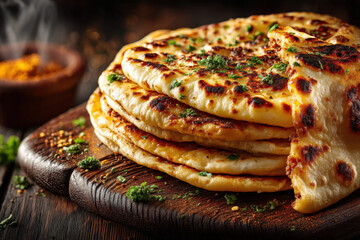 Stacked Turkish Lahmacun Flatbreads with Fresh Herbs and Folded Slice on Rustic Table