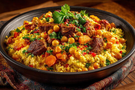 Traditional Algerian couscous with lamb, chickpeas, carrots, and colorful vegetables arranged in a bowl