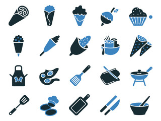 Fototapeta premium Collection of blue and dark icons illustrating various culinary items and desserts, perfect for food-themed graphics.