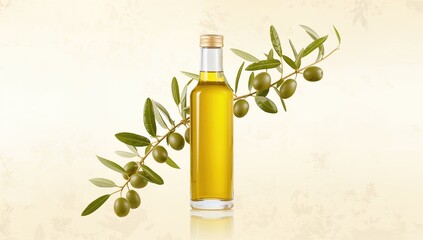Olive oil container surrounded by fresh olives and leaves, highlighting food processing safety