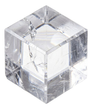 Clear, transparent halite crystal with a smooth surface.