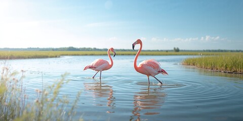 Greater Flamingos performing dance-like movements in wetland environment, highlighting their behavior, Camargue, France