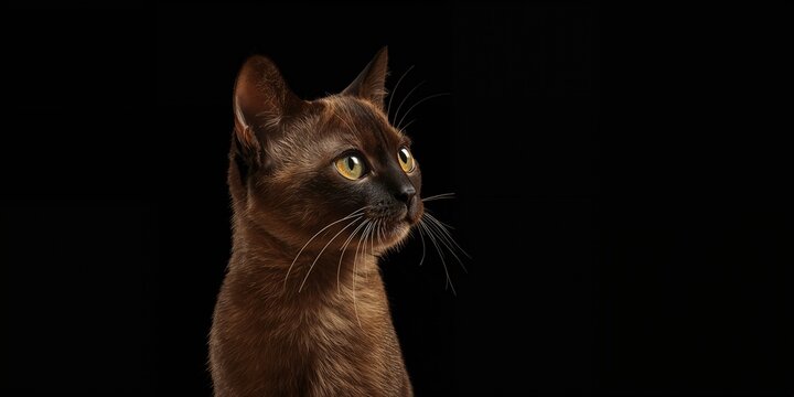Young chocolate Burmese cat in profile on dark backdrop, highlighting breed features