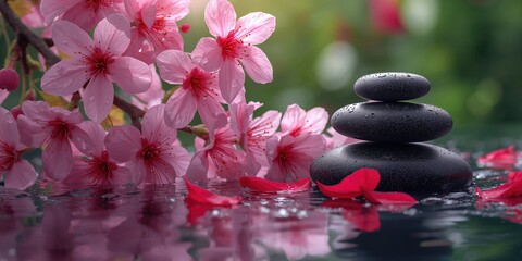 Set of therapy stones placed among cherry flowers creating a soothing environment for relaxation, Mental Health Awareness Month