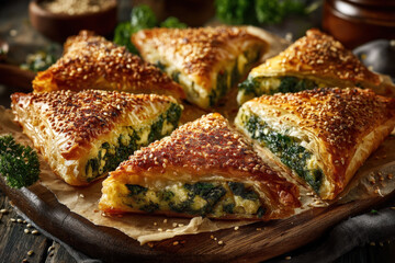 Traditional Greek Spanakopita Spinach Pies Arranged in Broken Circle on Parchment Paper