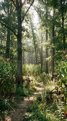 Serene Forest Pathway Surrounded by Lush Greenery and Light