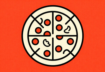 Round pizza illustration with thick outlines. Minimalist Italian food icon on textured orange background. National Pizza Day