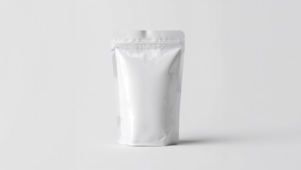 Shiny white pouch featuring a blank surface intended for customizable product branding, serving as a packaging layout template