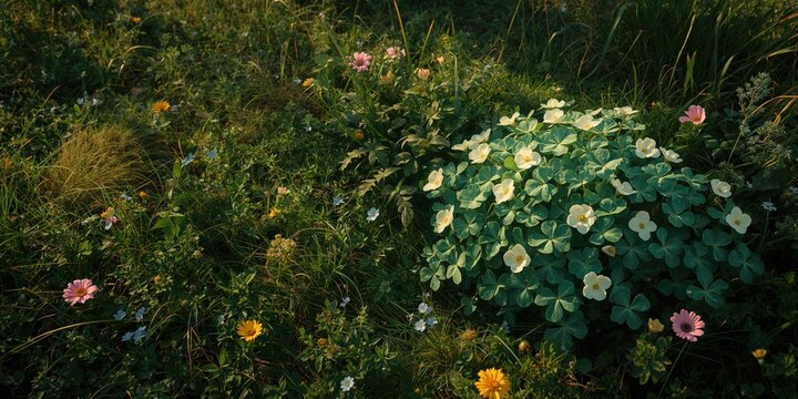 Close-up of shamrocks and spring flowers in forest setting, ideal for nature-themed backgrounds, Earth Day