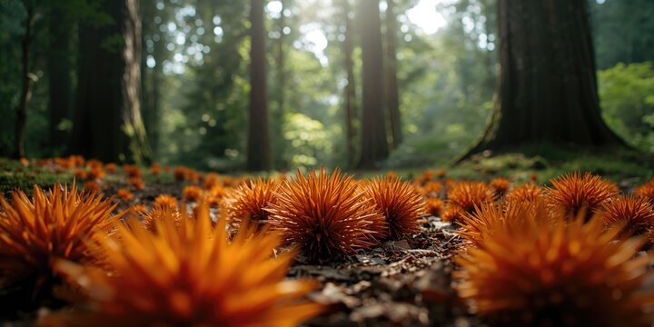 Orange-colored kauri leaves with spiky texture scattered on forest floor in Auckland, suitable for nature-themed layouts