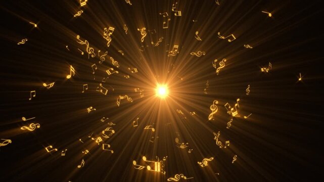 golden music notes and sun light rays animation,musical nota shiny glowing metallic gold song and concert motion background
