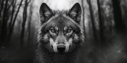 Male wolf with a menacing look, showcasing its beauty and lethal presence, black and white portrait, wildlife preservation focus