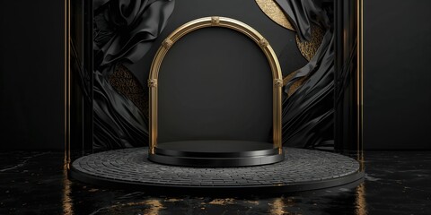 Minimalist display platform with a sleek podium against a 3D black and gold backdrop, cobblestone and golden arch details, for event setup