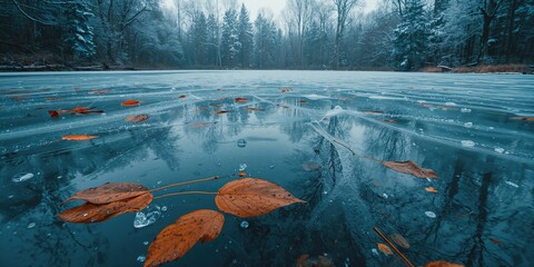 A frozen forest lake with leaf debris beneath the ice, winter landscape, seasonal change