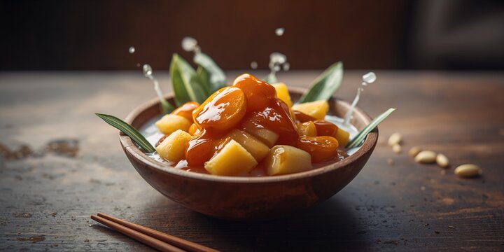 Indonesian kolak pisang, a sweet dish of bananas and sweet potatoes simmered in palm sugar syrup, illustrating regional dessert practices