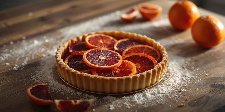 Freshly baked fruit tart featuring blood orange slices, suitable for a dessert presentation