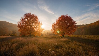 Fototapeta premium A scene of vibrant orange leaves over forest and grassland during sunset, highlighting seasonal transition, Earth Day