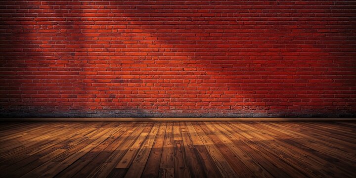 Unfurnished space featuring a red brick wall and wooden floor suitable for editorial headers - Powered by Adobe