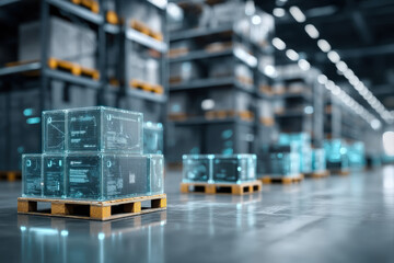 Modern Industrial Warehouse Interior with Stacked Pallets and Futuristic Digital Holograms