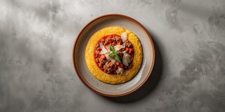 Polenta topped with meat ragu and pecorino cheese served on a ceramic dish, highlighting rustic Italian cooking, World Food Day