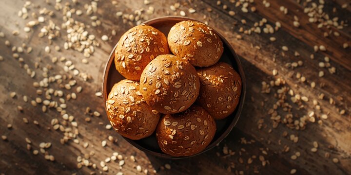 Flat lay of oat bread rolls crafted from organic oats set against a rustic wooden background, breakfast scene
