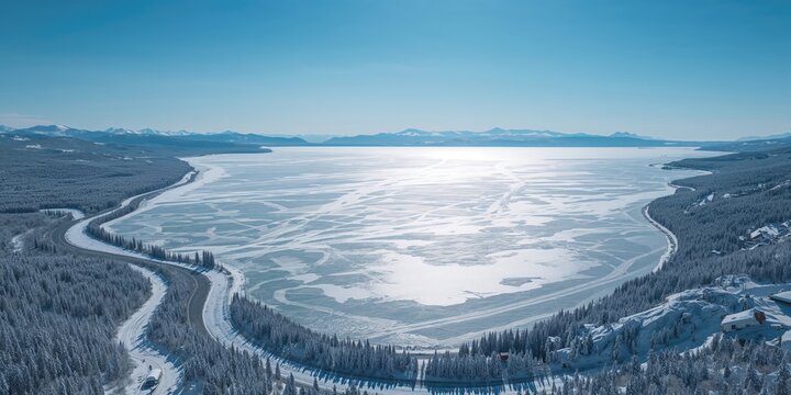 Scenic view of frozen Baikal lake and Angara River from Chersky Peak, environmental observation, World Water Day