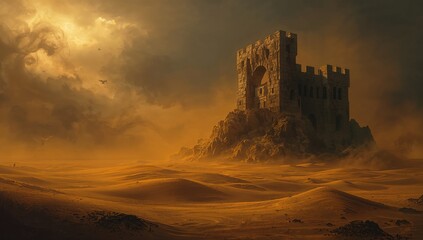 Obraz premium Digital fantasy scene of a deteriorating fortress in a threatening desert setting, highlighting erosion and hostile terrain