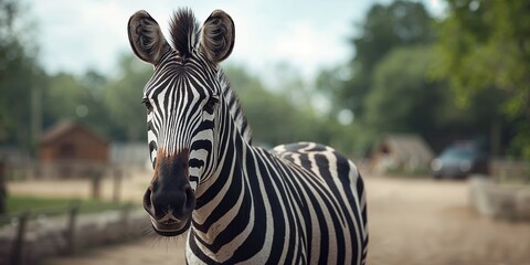 Naklejka premium Zebra's head in detail highlighting stripe contrast, suitable for nature education backgrounds