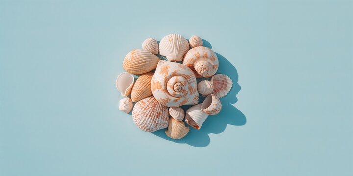 Collection of sea shells placed on a pastel blue surface, ideal for marine-themed backgrounds or editorial headers