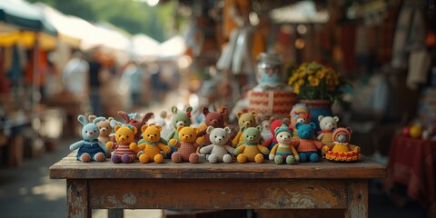 Handmade knitted baby toys for sale at an outdoor market stall, focusing on craftsmanship and local craft fairs
