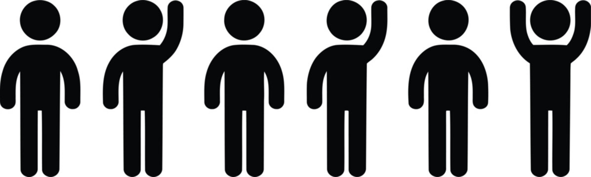 Five simple black stick figures showing people raising their hands in various gestures