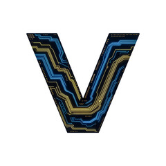 circuit letter v logo with glowing blue and gold data lines, cyberpunk alphabet symbol
