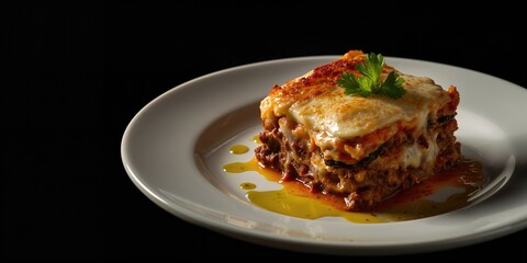 Baked moussaka featuring sliced eggplant, emphasizing layered vegetable dish in traditional Greek style, food and cooking